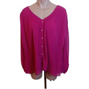Antheaa Pleated Blouse Buttons V-Neck Top Bell Sleeve Business Fancy Fuchsia XXL